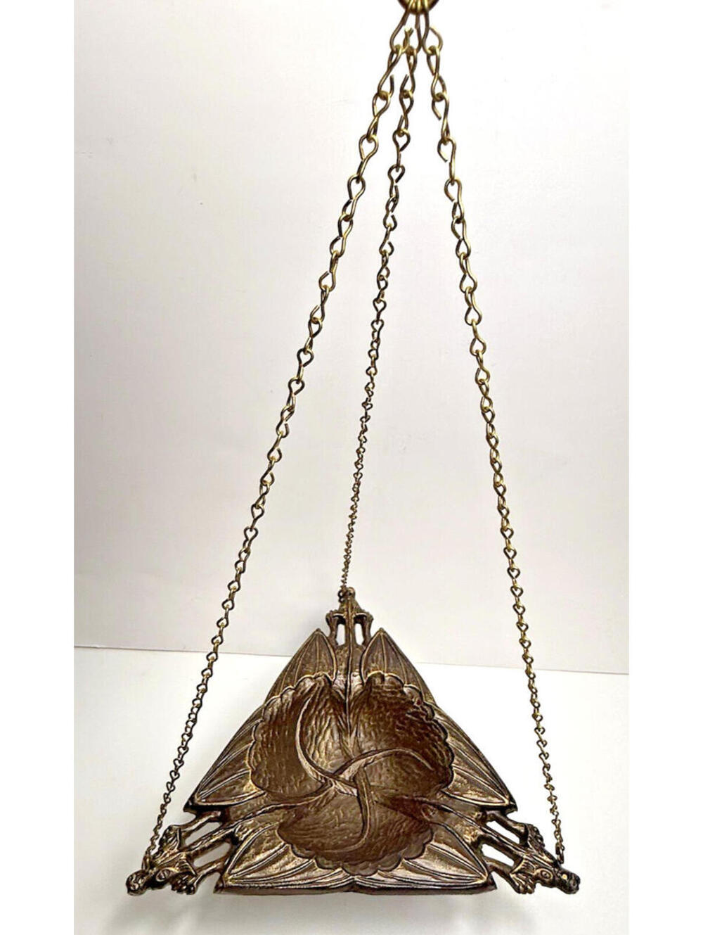 Vtg Hanging Dragon Ashtray Cast Metal Brass Style Goth Triangle Wings Gold